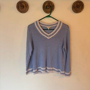 Talbots Blue and Cream v neck linen Knit Sweater size large